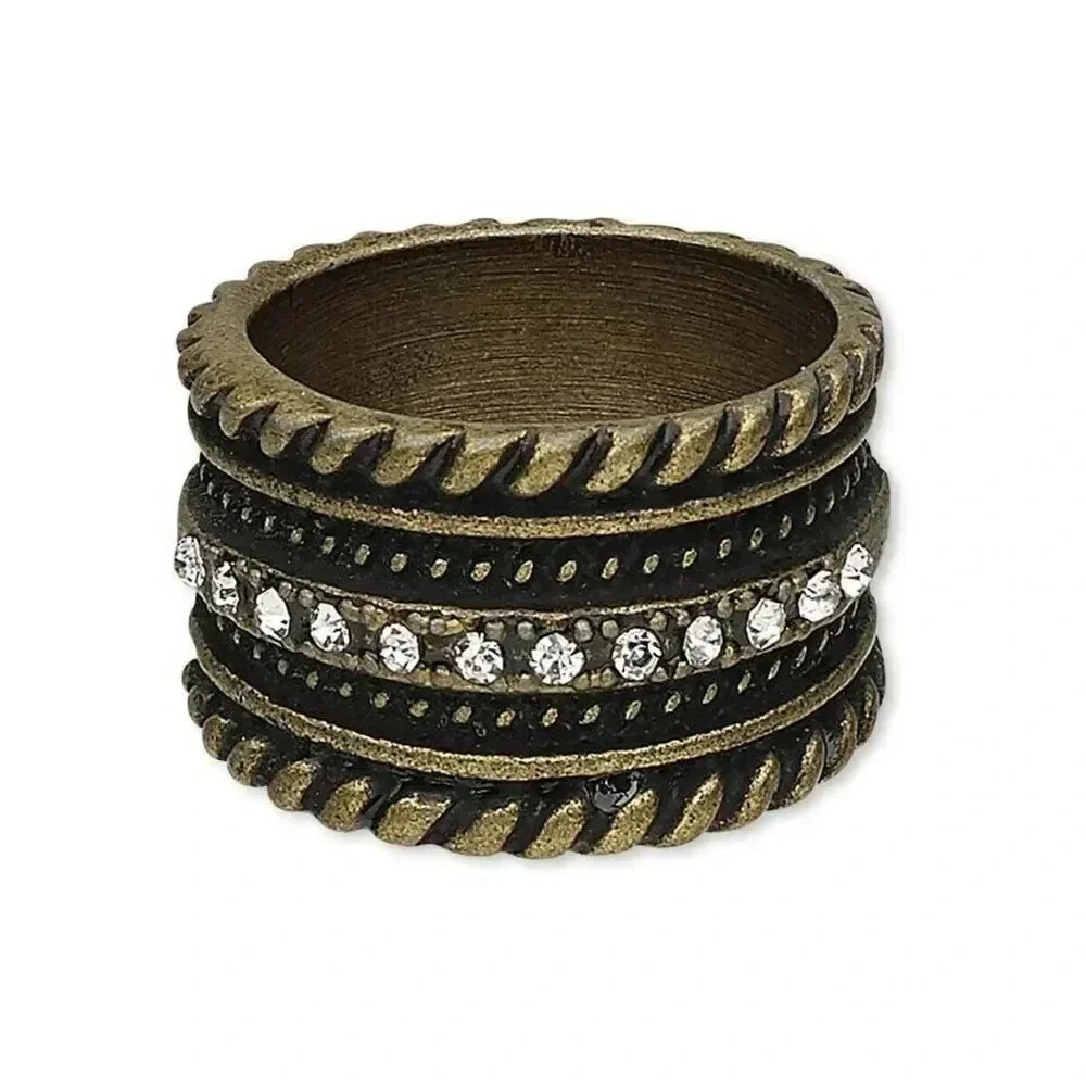 Art Deco Antique Brass Austrian Crystal Geometric Carved Metal Ring US Size 8